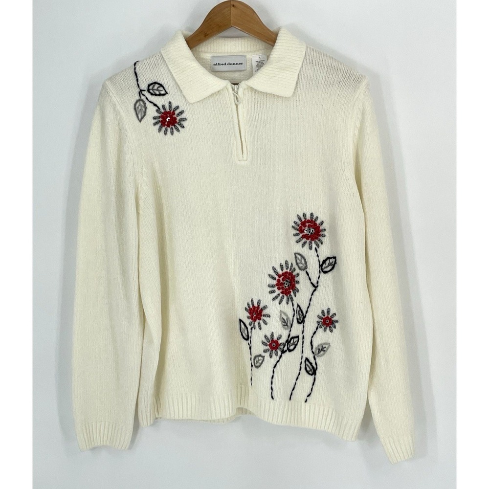 Alfred‎ Dunner Women L Grandma Sweater  1/4 zip Acrylic Jewel Yarn Embroidered